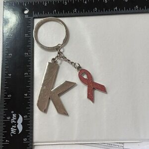 Silver Tone Letter K Keychain with Pink Glitter Ribbon‎ Charm Awareness Gift